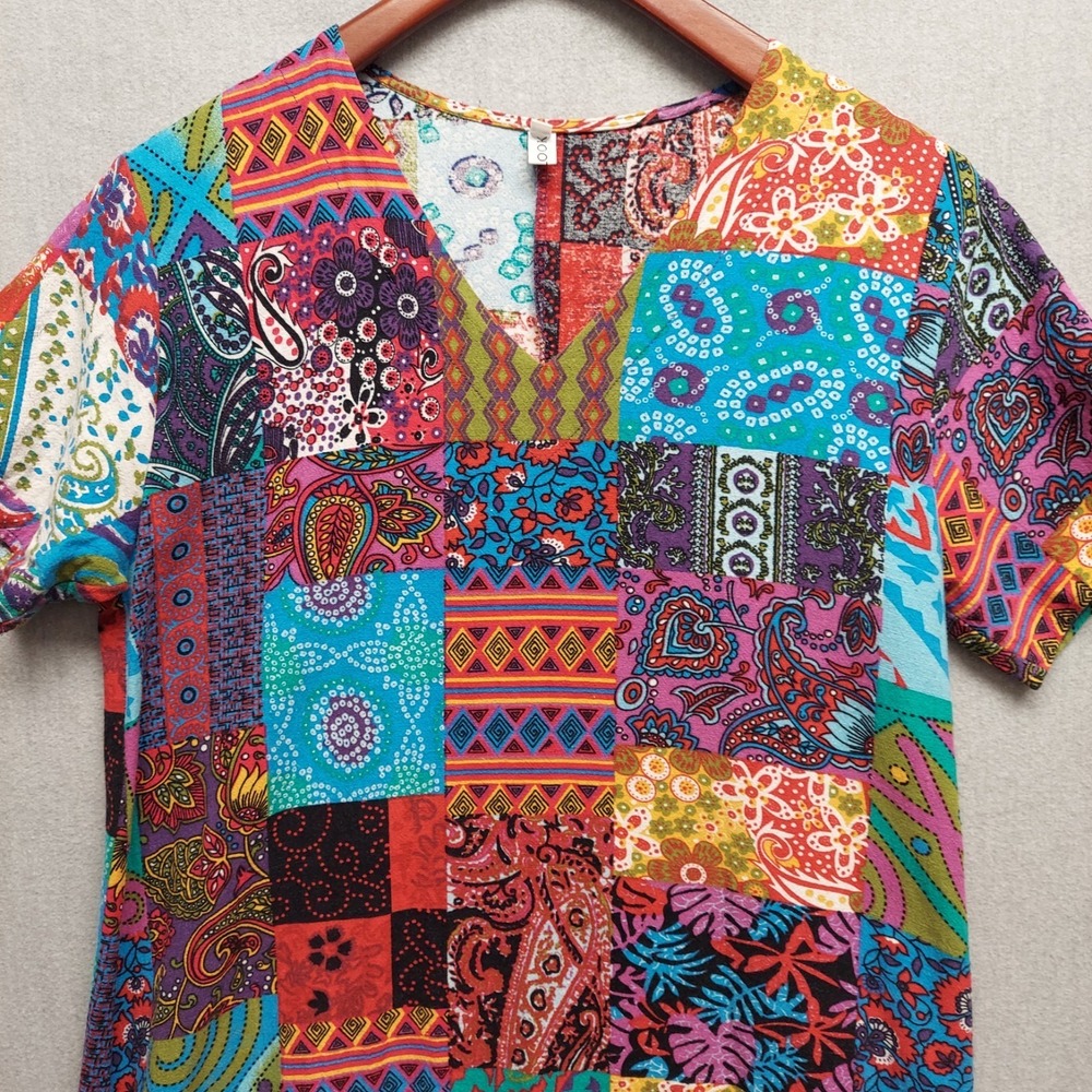 Patchwork Print Maxi Dress Womens XL Boho Festival Colorful Paisley V Neck Indie - Picture 2 of 10